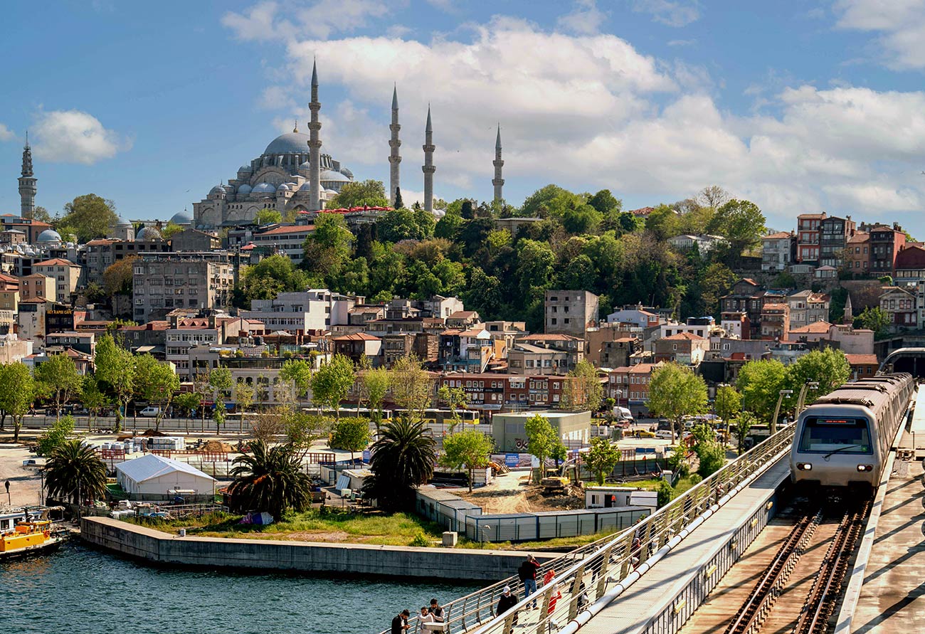 Istanbul View Mosque and Tram on Bridge