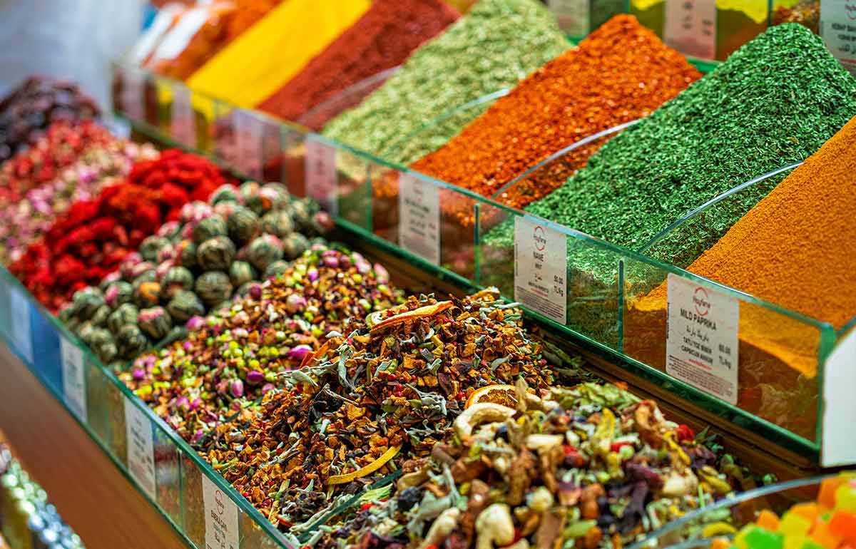 Spices and fruit herbal tea and dried vegetables on market