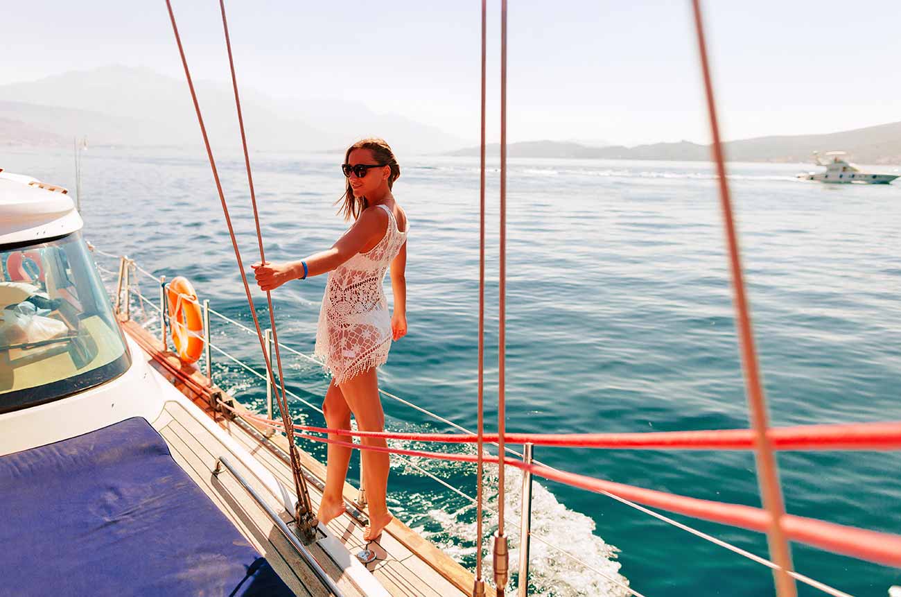 Woman Sail on Yacht in Turkish Coasts