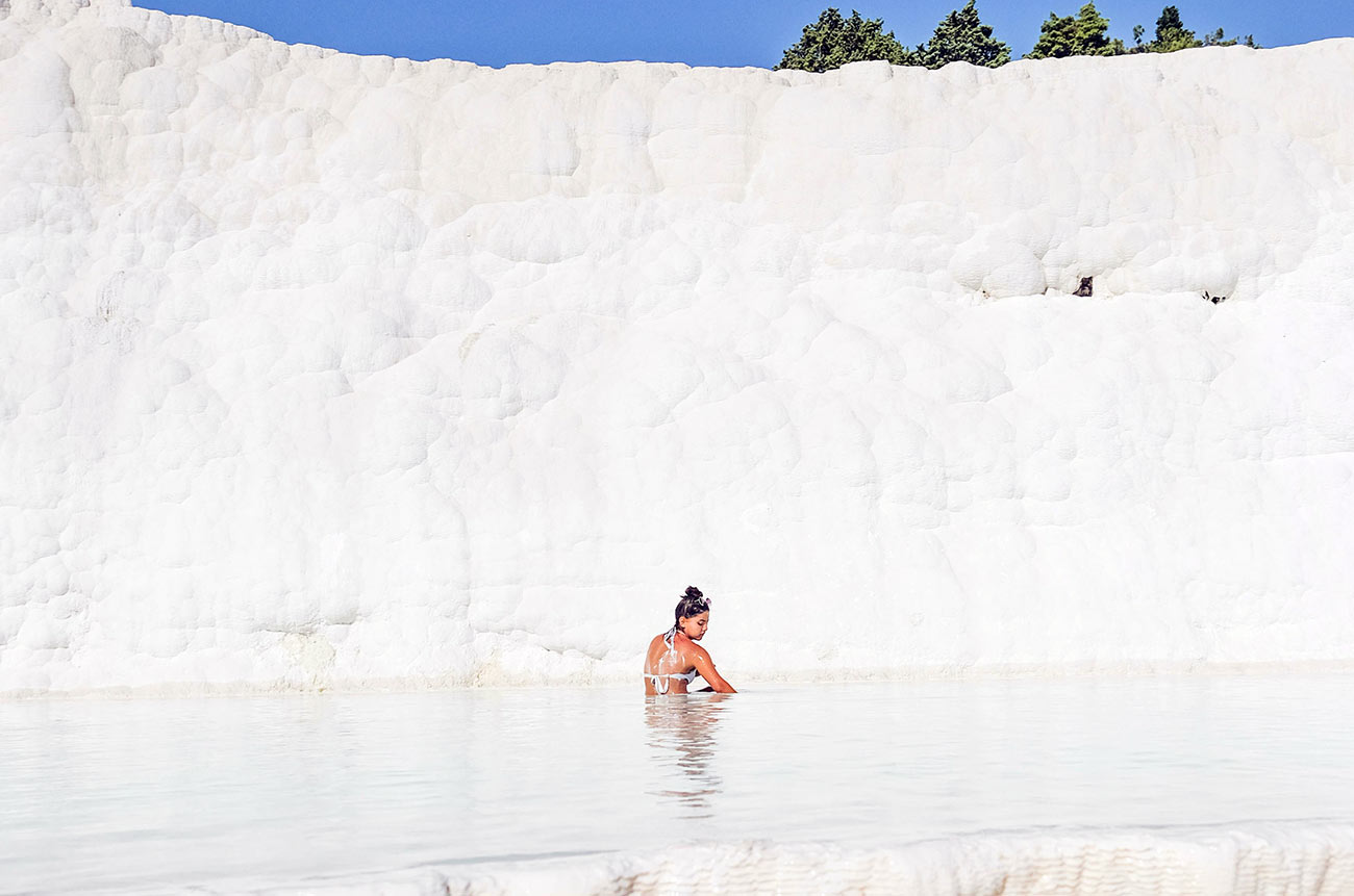 Woman Tourist in Pamukkale Hot Springs